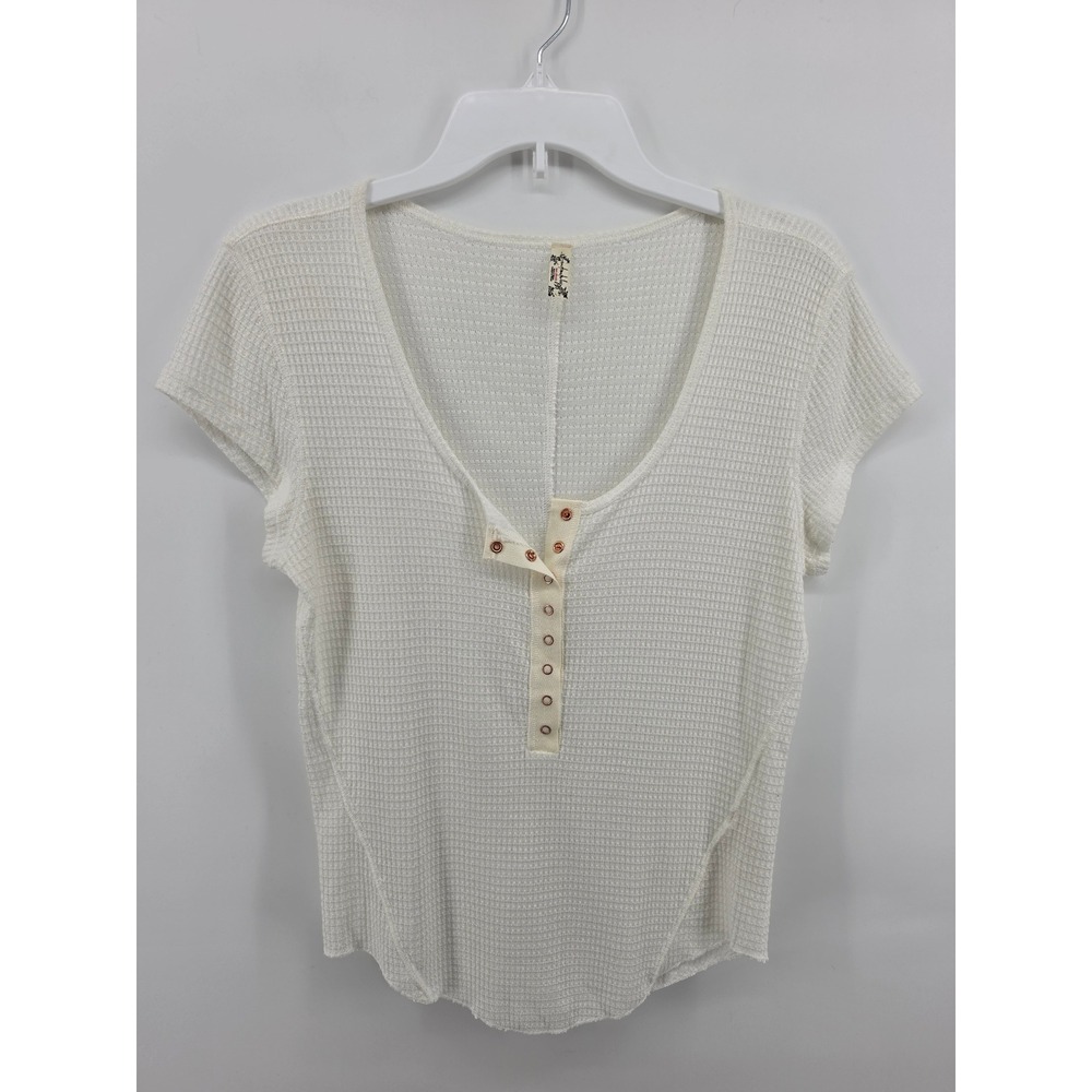 Free People Intimately Waffle Knit Henley Short Sleeve Top Cream Large